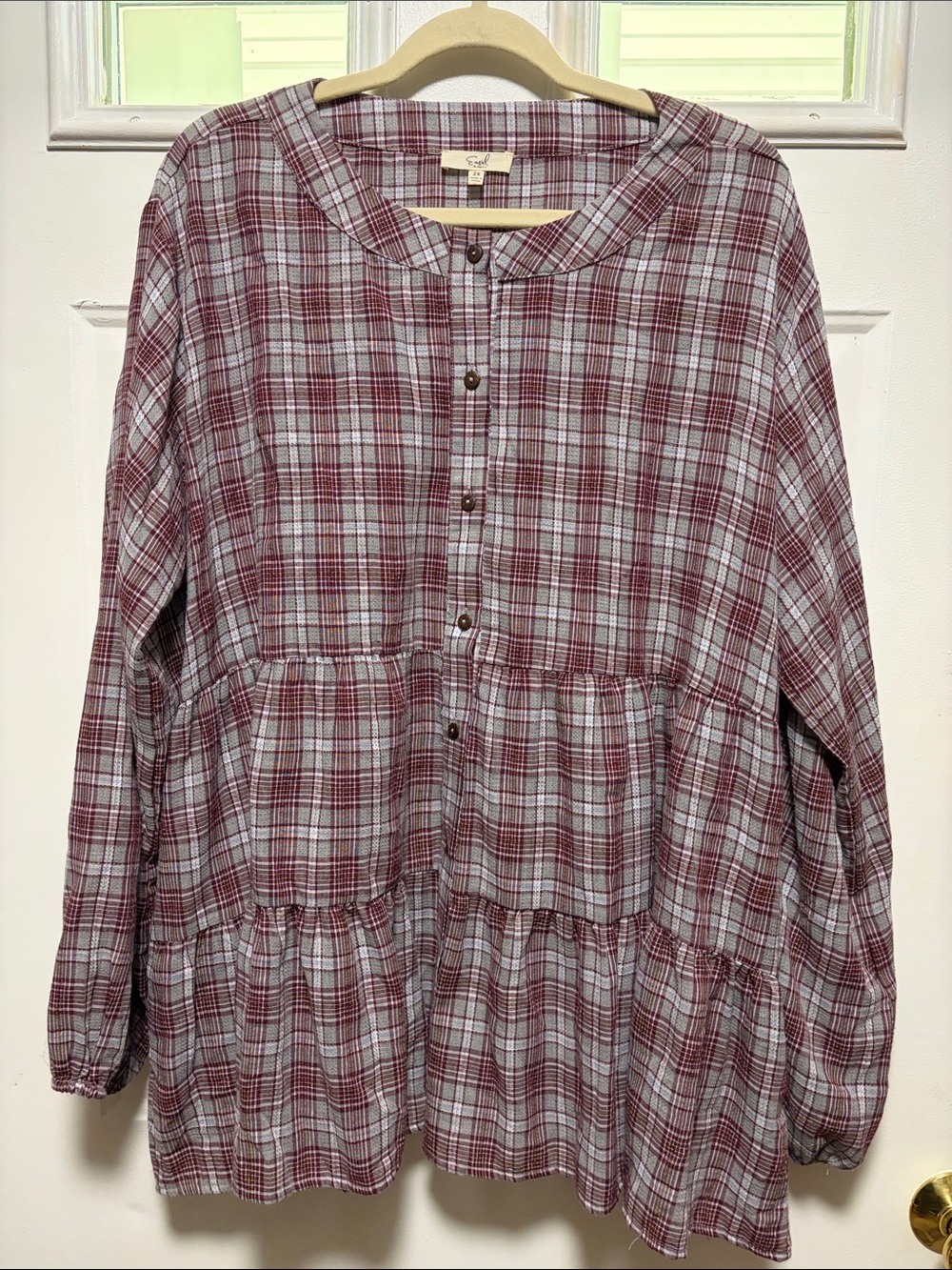 easel Burgundy and White Plaid Button-Down Tiered Tunic
